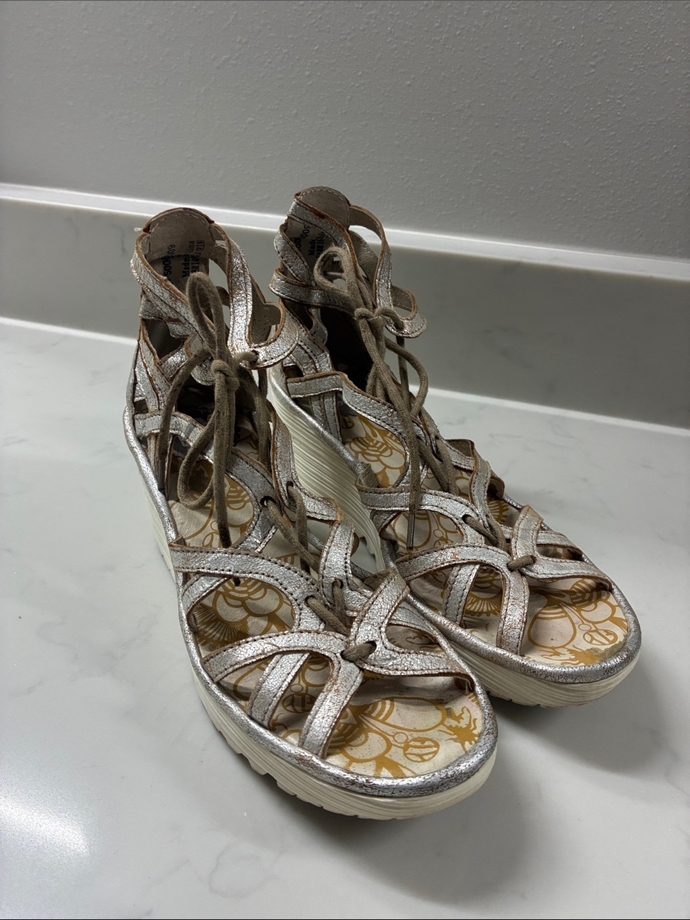 Fly London Metallic Lace-Up Wedge Sandals - Silver/Tan